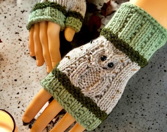 Custom Hand Knit Owl Fingerless Mittens, Adult Fingerless Gloves with Cuff, Gift for Her, Cozy Half Gloves, Knitted Mitts, Winter Gloves