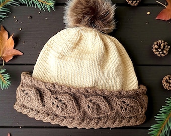 Autumn Leaf Cable Beanie Knitting Pattern PDF | Knit Flat, 2 Needle Winter Hat or Toque Pattern with Leaf Motif & Video Help - English Only