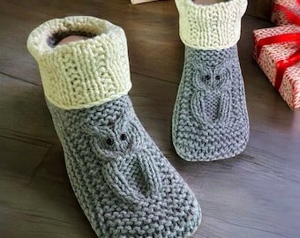 Hand Knit Owl Slippers with Cuff – Cozy Owl Moccasin Booties, Cottagecore House Shoes, Owls Gift for Him Her, Slow Fashion, Custom Made
