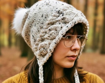 Knitting Pattern – Autumn Leaves Beanie or Bobble Hat, Flat-Knit, Slouchy Winter Beanie, Elf or Fantasy Inspired Cozy Knit Hat, English Only
