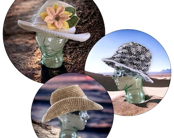Crochet Pattern - 3 Hats in 1 - How to Crochet a Sun Hat with Flower - Easy Bucket Hat - Cowboy Cowgirl Hat - PRINTABLE - English Only