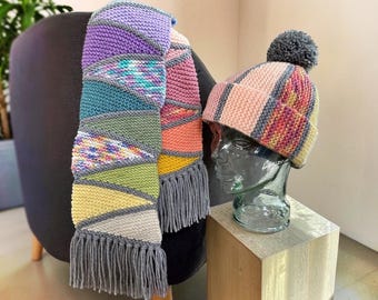 Easy Scrap Yarn Beanie & Scarf Knitting Pattern PDF | Knit Flat Mosaic Hat and Scarf Set | Leftover Wool | Straight Needles | English Only