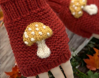 CUSTOM MADE Hand Knit Mushroom Granny Gloves, Fingerless Mitts Mittens - Half Gloves - Fingerless Gloves Adult - Toadstool Fingerless Mitts