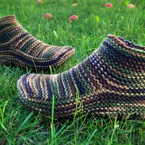 CUSTOM MADE Hand Knit Camo House Slippers - Knitted Slippers - Moccasin Booties for Adults - Cuff Slippers - FREE Shipping to United States!