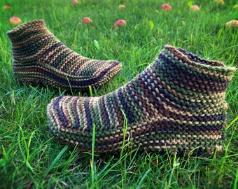 CUSTOM MADE Hand Knit Camo House Slippers - Kniited Slippers - Moccasin Booties for Adults - Cuff Slippers - FREE Shipping to United States!