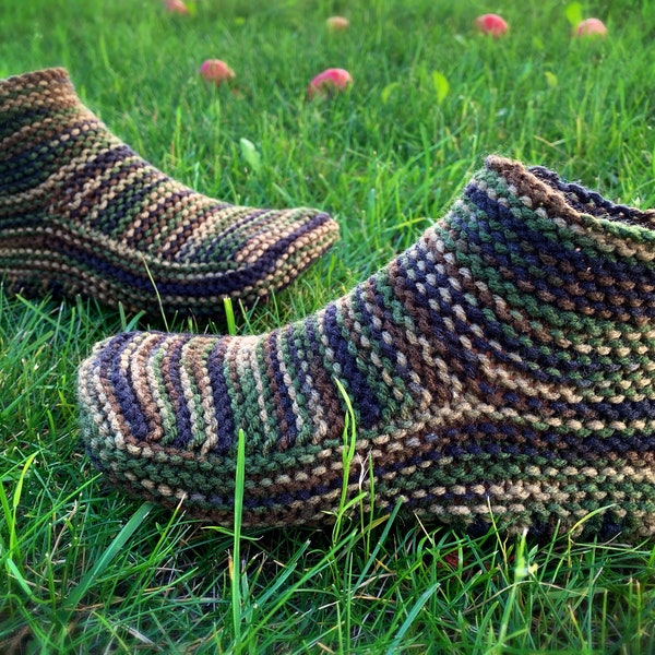 CUSTOM MADE Hand Knit Camo House Slippers - Kniited Slippers - Moccasin Booties for Adults - Cuff Slippers - FREE Shipping to United States!