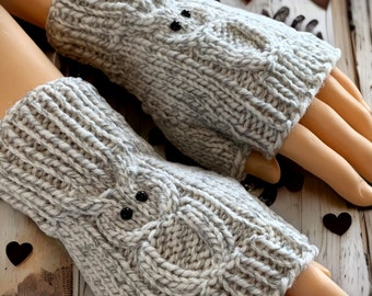 CUSTOM MADE Hand Knit Owl Fingerless Granny Gloves Mittens Mitt - Gift for Her - Half Gloves - Fingerless Gloves Adult - Fingerless Mitts
