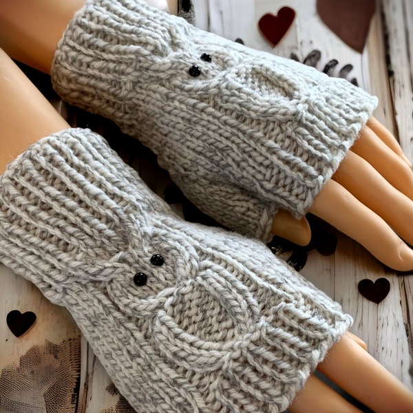 CUSTOM MADE Hand Knit Owl Fingerless Granny Gloves Mittens Mitt - Gift for Her - Half Gloves - Fingerless Gloves Adult - Fingerless Mitts