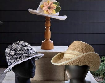 Crochet Pattern - 3 Hats in 1 - How to Crochet a Sun Hat with Flower - Easy Bucket Hat - Cowboy Cowgirl Hat - PRINTABLE - English Only