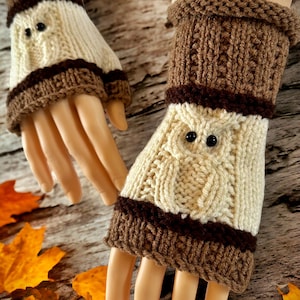 Knitting Pattern - Owl Fingerless Gloves - Knit Flat on 2 Needles Easy Fingerless Gloves on Straight Needles with Video Links - English Only