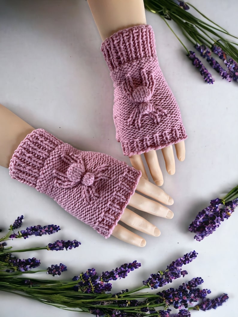 Knitting Pattern Fingerless Gloves with SPIDERS Knit Flat on 2 Needles with How-to Video Links Half Gloves Mitts English Only image 8