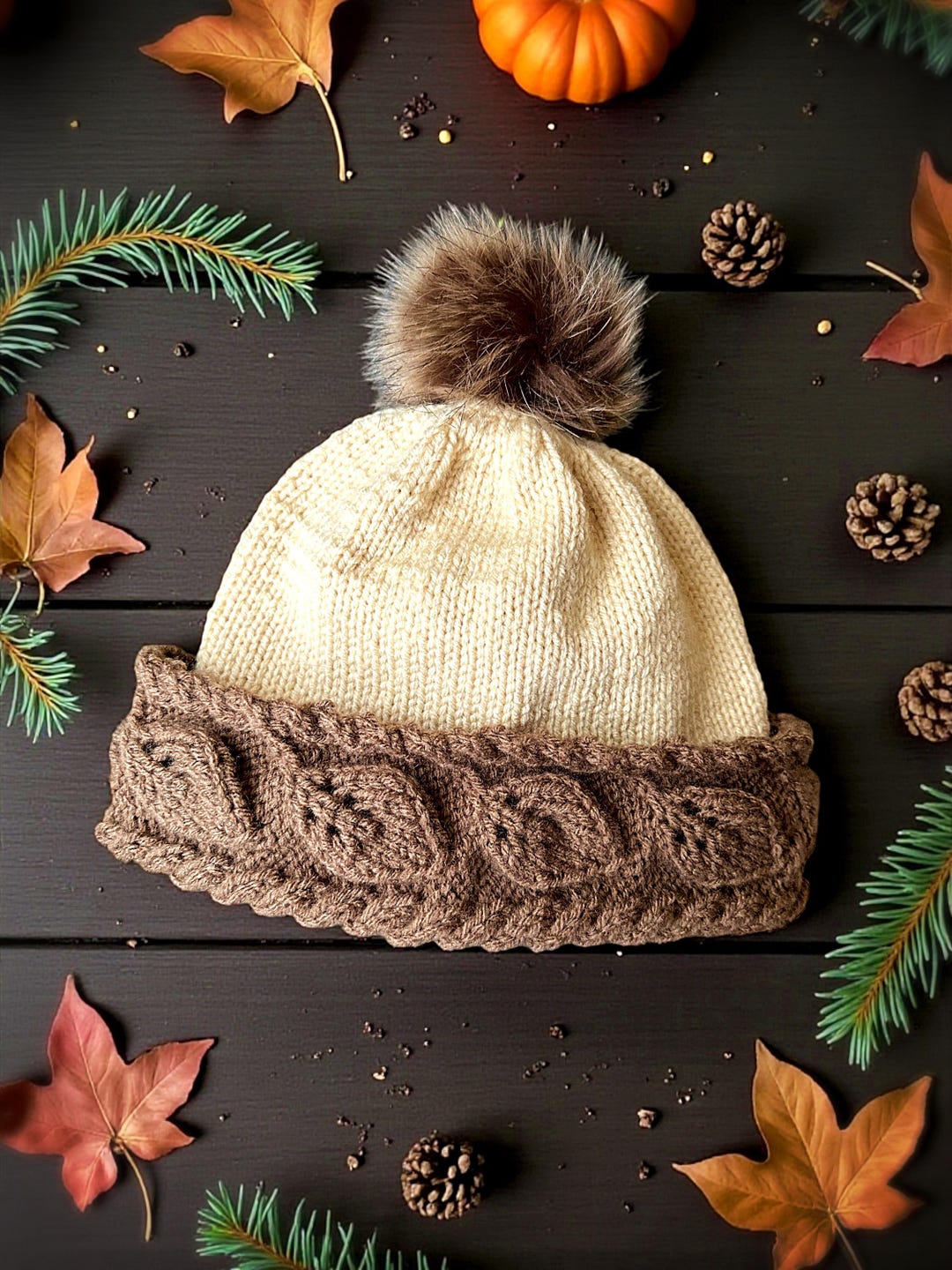 Autumn Leaf Cable Beanie Knitting Pattern PDF | Knit Flat, 2 Needle ...