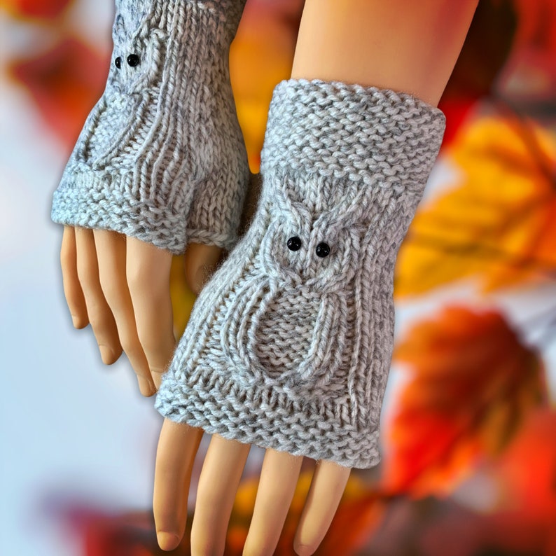 Grey Fingerless Gloves with OWLS!