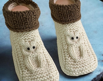Knitting Pattern - Knitted Cable Owl Slippers with a Cuff - Moccasin Style Bootie Slippers for Adults with Owls - Owl Gift - English Only