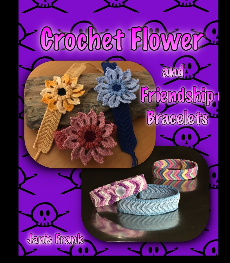 May include: Crochet flower and friendship bracelets. The image shows three crocheted flowers in different colors, and three friendship bracelets in blue, purple, and pink.