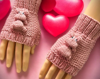 Gants sans doigts hippopotame adultes tricotés à la main sur mesure - Chauffe-poignets - Mitaines sans doigts hippopotame - Mitaines sans doigts - Cadeau hippopotame