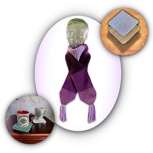 May include: A purple and lavender striped crocheted scarf with tassels. The scarf is displayed on a mannequin head.