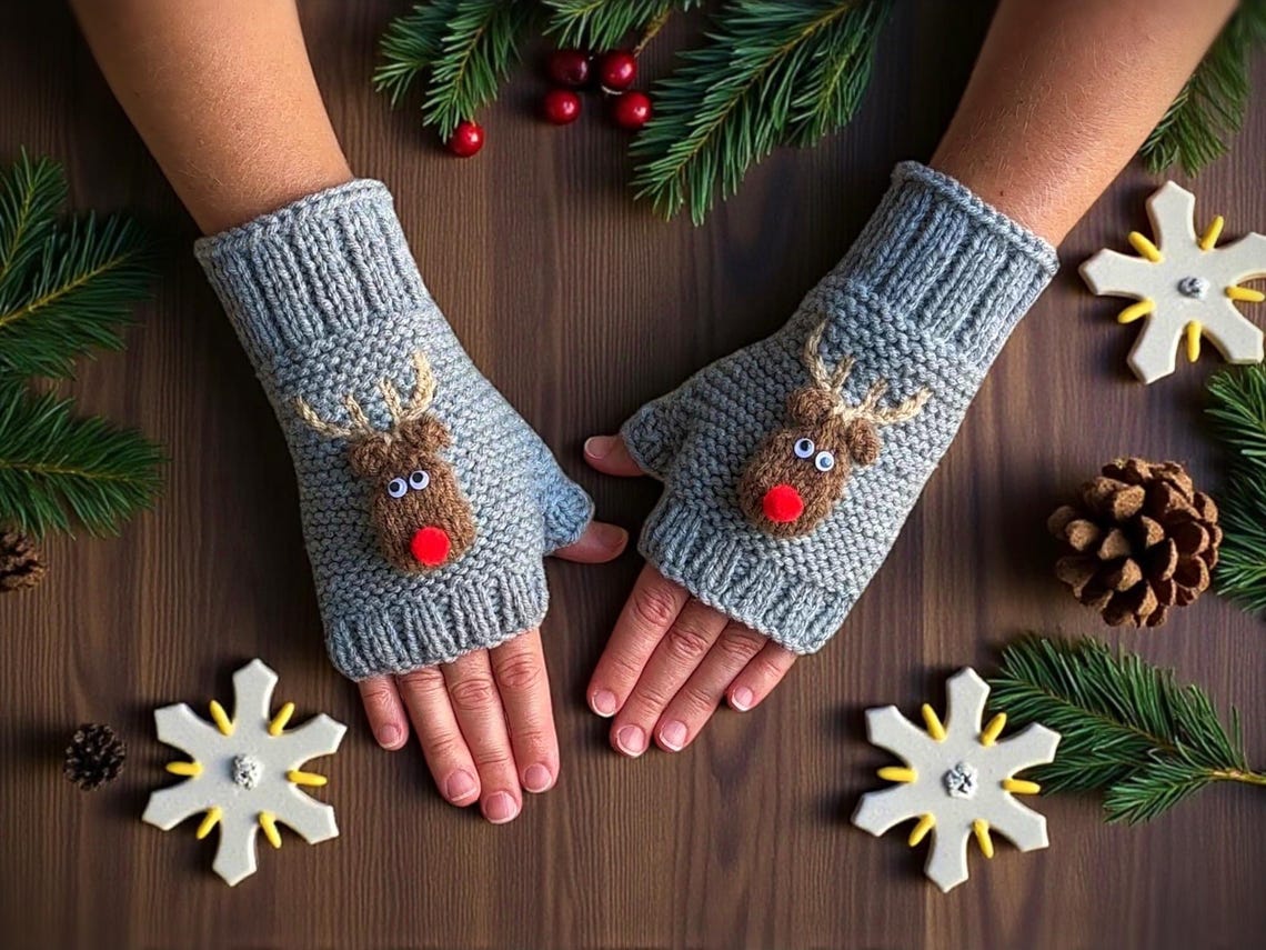 Spk Pattern Christmas Reindeer Fingerless Gloves Knitting Pattern: Easy Knit Mitts ...
