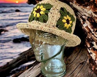 Crocheted Bucket Hat - Boho Hippie Sun Hat - Sunflower Crochet Hat - Flowers Leaves Granny Square Floppy Hat - Cottage Core Cotton Hat Gift