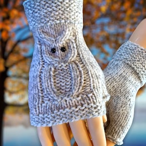 Knitting Pattern - Owl Fingerless Gloves -Knit Flat on 2 Needles  Easy Fingerless Gloves on Straight Needles with Video Links - English Only