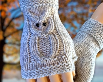 Knitting Pattern - Owl Fingerless Gloves -Knit Flat on 2 Needles  Easy Fingerless Gloves on Straight Needles with Video Links - English Only