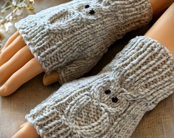 Knitting Pattern - Owl Fingerless Gloves - Cable Owls - Seamless Knit in the Round with DPN with How-to Video - Half Gloves - English Only