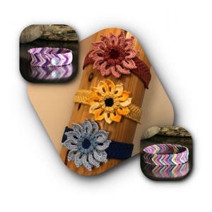 May include: Four crocheted headbands with flower embellishments. The headbands are in shades of purple, yellow, blue, and pink. The flowers are all different designs.