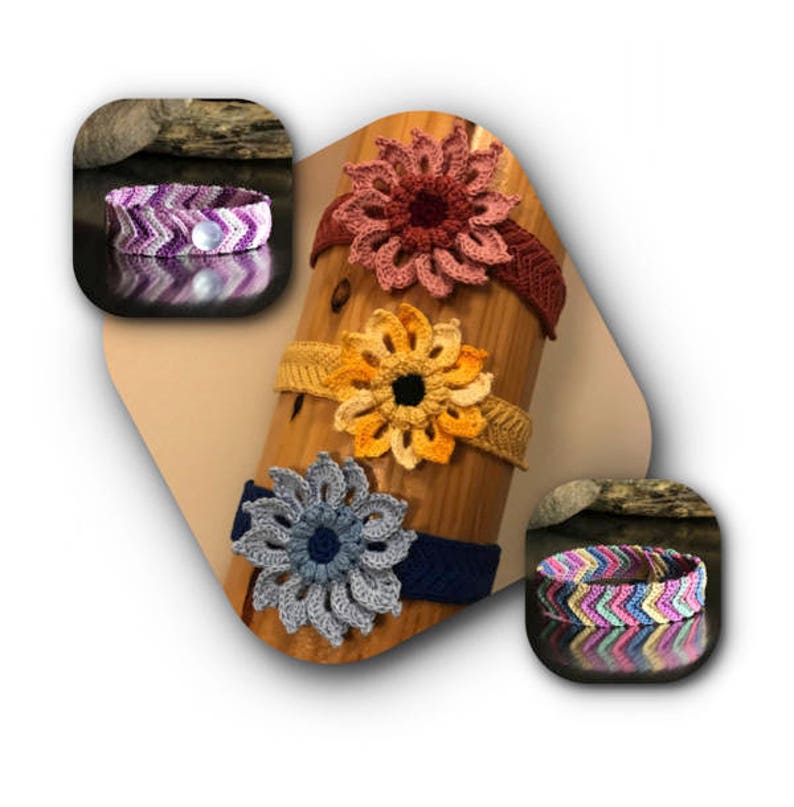 May include: Four crocheted headbands with flower embellishments. The headbands are in shades of purple, yellow, blue, and pink. The flowers are all different designs.