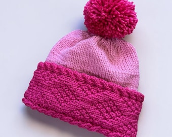 Easy Diamond Brim Beanie Knitting Pattern, Bobble Hat, Cable Edge, Kids to Adult Sizes, PDF Download - English Only!