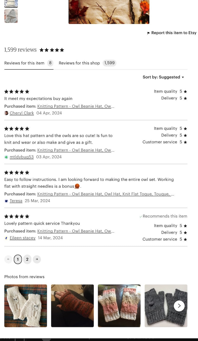 May include: Four customer reviews for a knitting pattern for an owl beanie hat. The reviews are all five stars and praise the pattern's ease of use and cuteness. The reviews are accompanied by photos of the finished product, which are a pair of white and grey fingerless gloves with owl faces knitted into them.