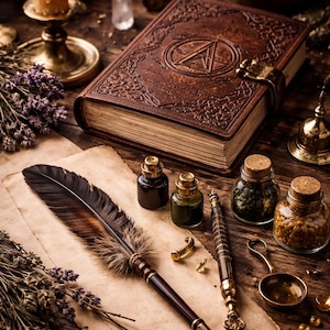 May include: A collection of mystical items including a leather-bound book with a pentagram, a quill pen, ink bottles, and dried herbs. A lit candle and small jars with cork stoppers are arranged on a wooden surface.