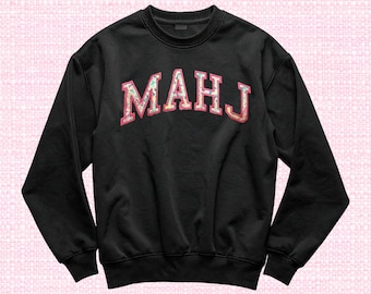 Sudadera con apliques bordados de Mahjong / Suéter acogedor para la noche de juegos / Cuello redondo Lucky Mahjong