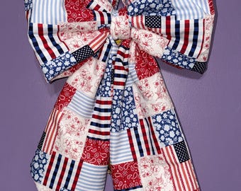 Patriotic Patchwork Fabric Bow Door Hanger | Red White Blue Front Door Decor | Farmhouse Summer Wreath Alternative | 4th of July Porch Bow