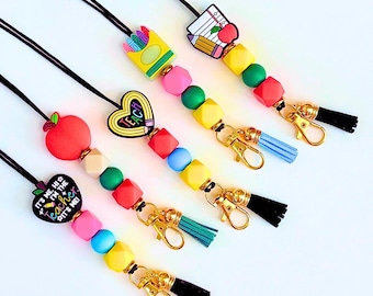 Handmade Teacher Lanyard: Colorful Nylon & Silicone Beaded ID Holder - Teacher Gift