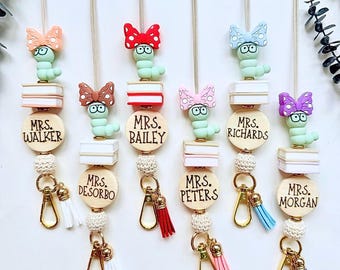 Personalized Bow & Bookworm Teacher Lanyard: Custom ID Badge Holder, Teacher Gift