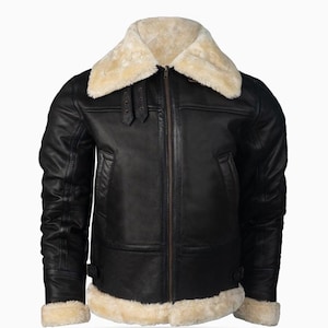 Men&#39;s Leather Fur B3 Aviator Shearling Jacket- New Bomber RAF Brown Leather Jacket, Same day Ready to Dispatch