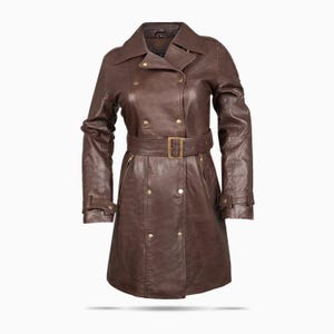 Women&#39;s Real Leather Long Trench Coat | Genuine Leather Belted Jacket | Classic Double Breasted Outerwear | Gift Idea for Girlfriend
