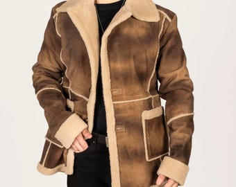 Men&#39;s Winter Leather Jacket with Shearling Lining | Vintage Brown Distressed Aviator Coat | Warm Pilot Outerwear (Size 2XL)