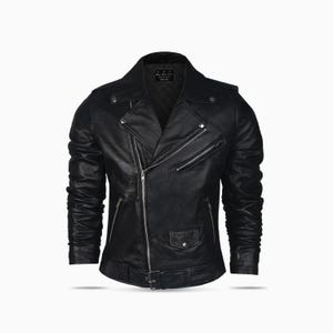 Blouson motard en cuir pour homme | Manteau de moto noir | Style cavalier classique avec ceinture et fermeture éclair | Manteaux vintage faits main