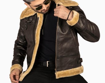 Men Genuine Leather Faux Fur Lining Jacket- Avaitor  B3 fur jacket- winter personalized Jacket