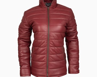Women’s Quilted Leather Jacket | Burgundy Puffer Winter Coat | Slim Fit Zip Moto Outerwear