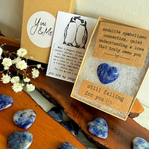May include: A collection of sodalite heart-shaped stones, some displayed in a gift box with the text "still falling for you." The box also contains a card with a penguin illustration and the words "You & Me."