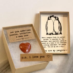 Penguin Pebble, Red Jade Penguin Pebble, One Year Dating Gift, Engagement Present, Cute Penguin Pebble, Penguin Love, Penguin Valentine