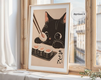 Kuro Neko Kawaii Vintage Cat Sushi Print Wabi Sabi Kitchen Food Wall Art Cute Ramen Anime Poster 50x70 Hokusai Ohara Koson Housewarming Gift
