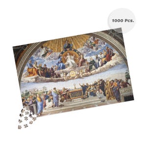 May include: A 1000-piece jigsaw puzzle featuring a Renaissance painting with figures in robes and a detailed architectural background. The puzzle is partially assembled, with some pieces scattered.