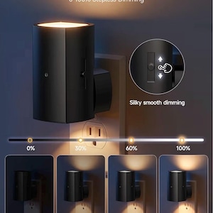 Puede incluir: Una luz nocturna cilíndrica negra enchufada a una toma de corriente, con ajustes de brillo ajustables del 0% al 100%. La imagen muestra la luz en diferentes niveles de brillo, con texto que indica la salida de luz en lúmenes.