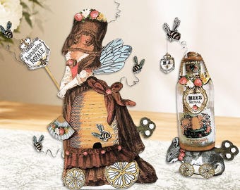 Ensemble de poupées en papier PDF apiculteur rococo - Décoration de table 3D imprimable - Cadeau ruche et abeille - Cottagecore Ephemera MA3 M