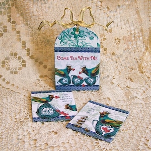 Digitale Teebeutel Favor Box und 2 passende Teebeutel Umschläge Kit für Teeparty Tablescape - SOFORTIGER DOWNLOAD - Blauer Vogel mit Toile CS69GB