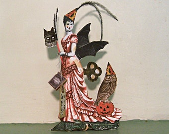 Halloween Digital Steampunk Bat Lady, Mask Owl On Train Paper Doll INSTANT Download Altered Victorian Digital Art For Paper Crafts  HP9D