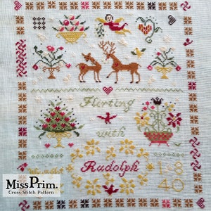 Christmas Cross Stitch Sampler Pattern - Beginner X Stitch Pattern PDF - Rudolph Reindeer - Christmas Farmhouse - Miss Prim MP46